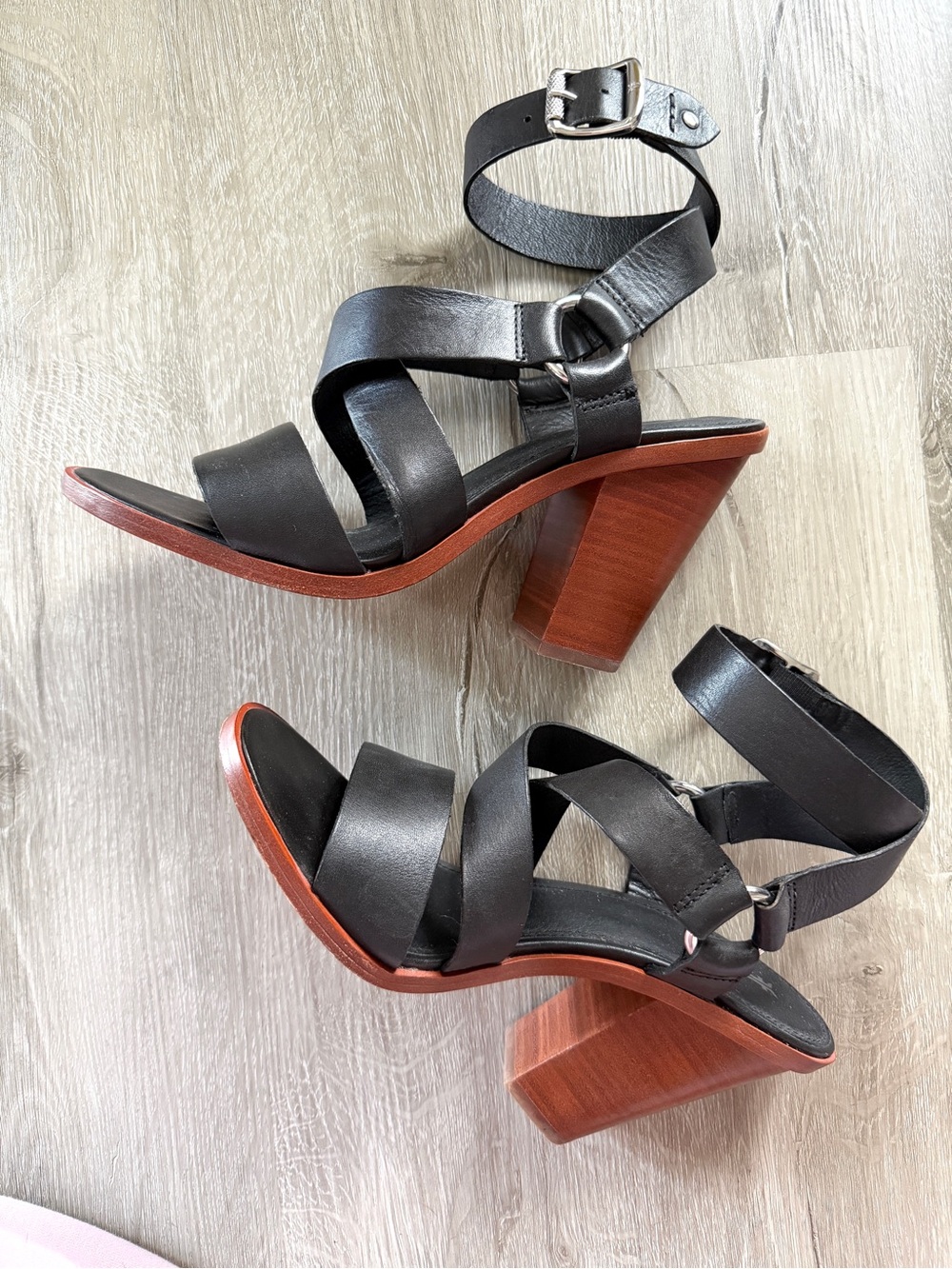 FRYE Womens Sara Harness Black Ankle Strap Heeled Sandals 10
